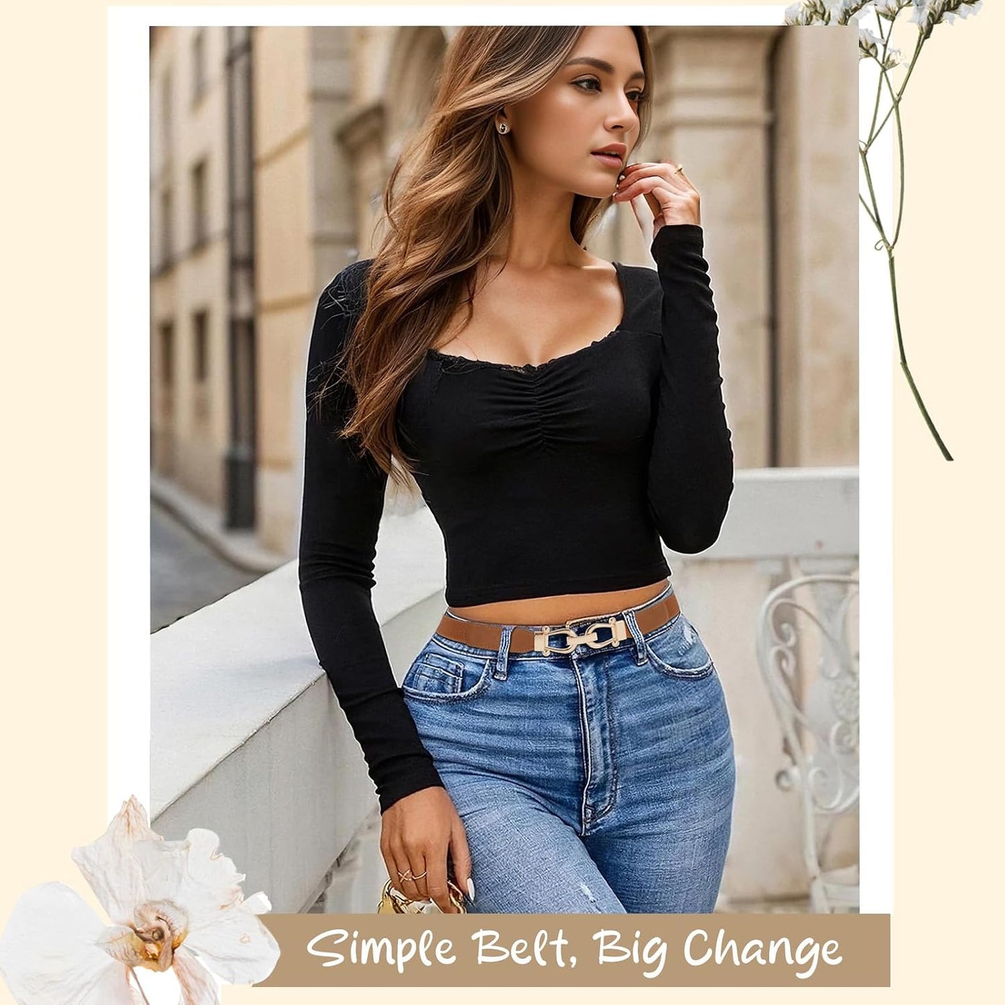 HOTWERFORU 4 Pack Women Skinny Elastic Waist Belt Gold Buckle Stretchy Thin Belt for Jeans Dress