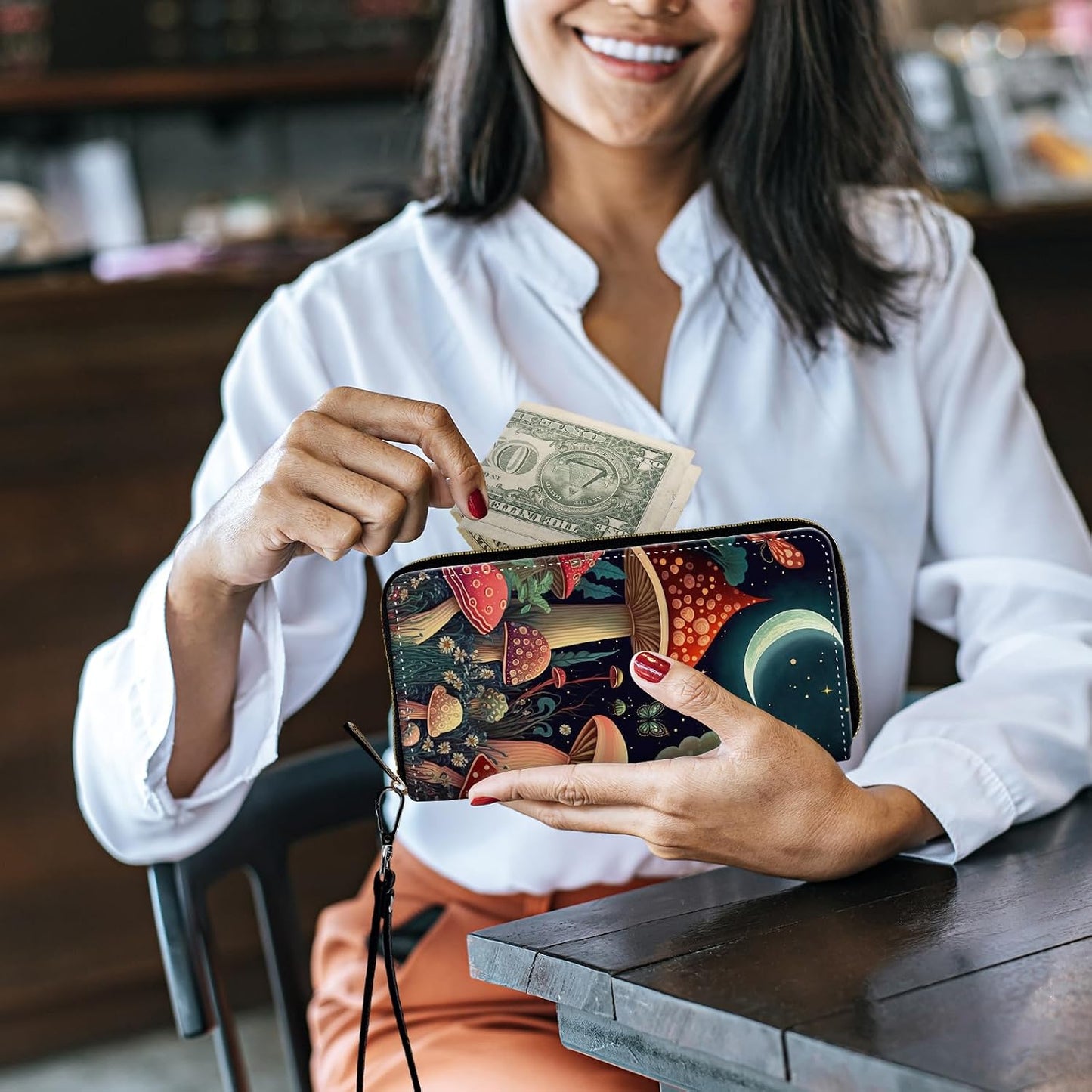 HOTWomen's Wallets,Credit Card Holder Money Leather Long Wallet with Wristlet,Large Capacity with Zip-Around Phone Purse for Women Ladies Girls,Mushroom Moon