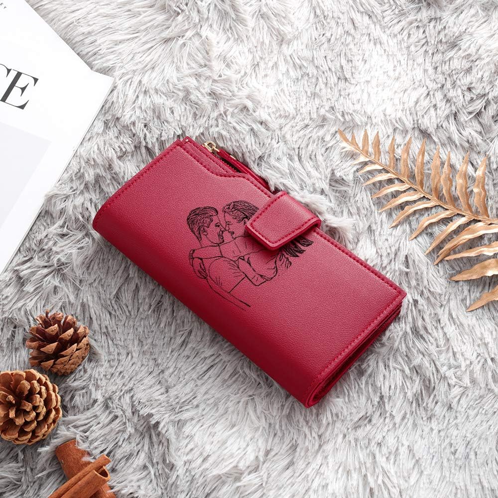 HOTLovejewelry Personalized Wallets for Women Photo Engraved PU Leather Trifold Wallet Credit Card Clutch Long Wallet for Girlfriend Mom Mother’s Day (Red -2), Wa-100359