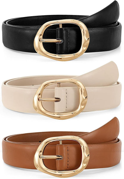 HOTJASGOOD 3 Pack Women Belts for Jeans Pants Ladies Leather Waist Belt Casual Fashion Trend Belt for Women with Gold Buckle