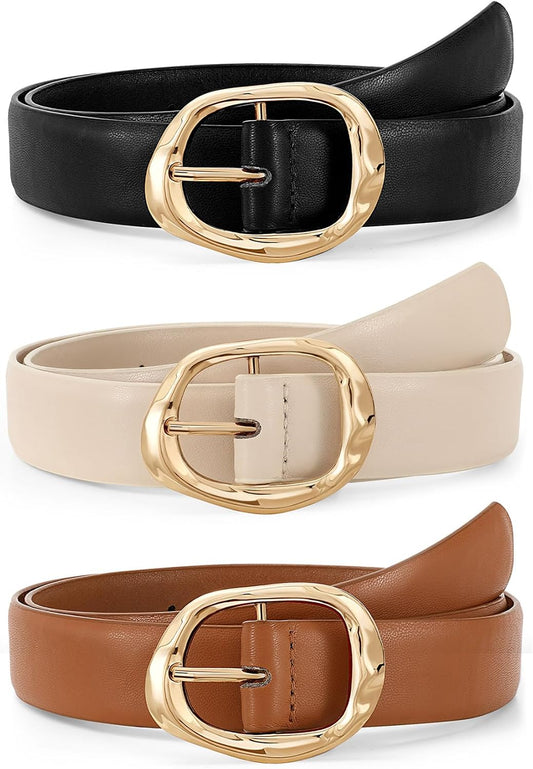 HOTJASGOOD 3 Pack Women Belts for Jeans Pants Ladies Leather Waist Belt Casual Fashion Trend Belt for Women with Gold Buckle