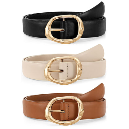 HOTJASGOOD 3 Pack Women Belts for Jeans Pants Ladies Leather Waist Belt Casual Fashion Trend Belt for Women with Gold Buckle