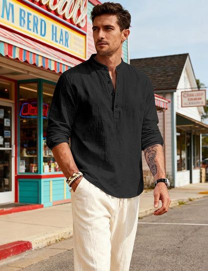 HOTMen's Linen Shirts Henley T-Shirts Long Sleeve Casual Beach T-Shirts Solid Tops Shirts for Men Black