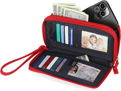 HOTNautica On The Double Zip Around Vegan Leather Womens RFID Clutch Wallet With Wristlet Strap, Fuego Red