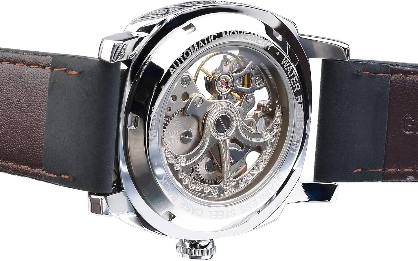 HOTFORSINING Watches for Man, Square Retro Mechanical Watch Self-Wind Carved, Skeleton Automatic Watches Vintage Leather Strap Wristwatch