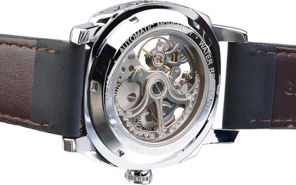 HOTFORSINING Watches for Man, Square Retro Mechanical Watch Self-Wind Carved, Skeleton Automatic Watches Vintage Leather Strap Wristwatch