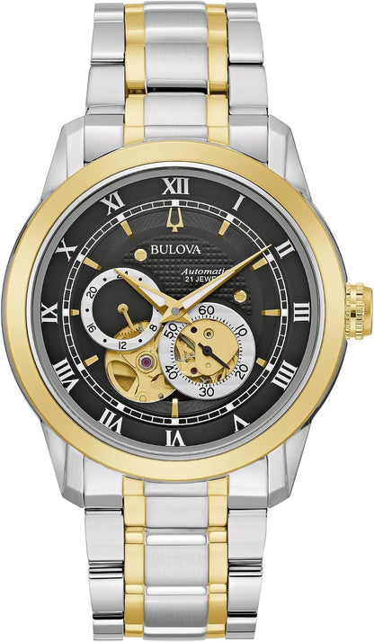 HOTBulova Men's Classic Sutton 4-Hand Automatic Watch, 24-Hour Sub Dial, Open Aperture, Self-Winding, Exhibition Caseback, Double Curved Mineral Crystal, Luminous Hands, 42mm