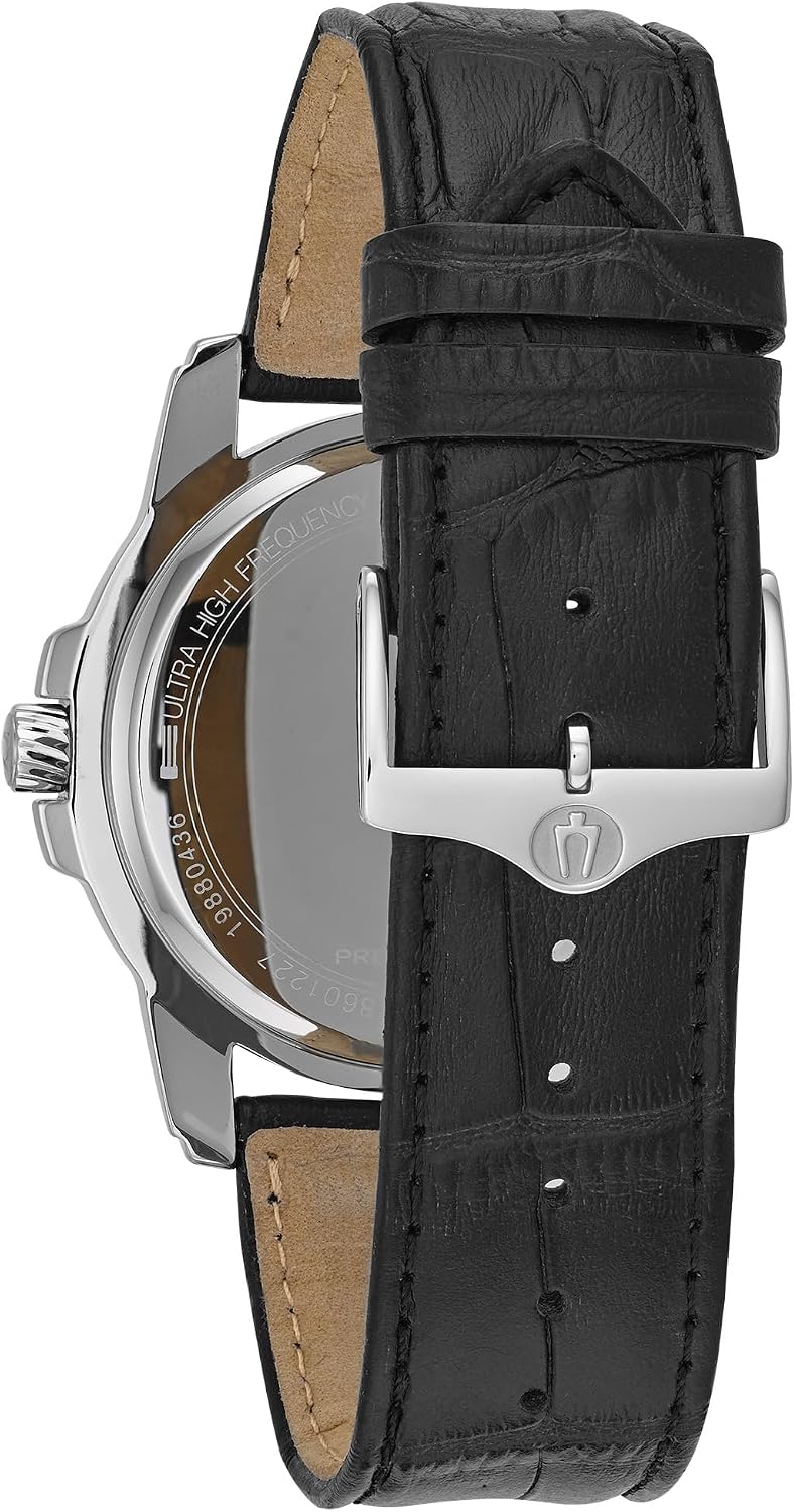 HOTBulova Men's Precisionist 3-Hand Calendar in Stainless Steel with Black Leather Strap and Black Patterned Dial Style: 96B158