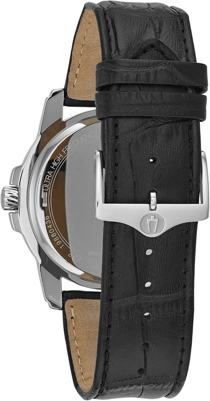 HOTBulova Men's Precisionist 3-Hand Calendar in Stainless Steel with Black Leather Strap and Black Patterned Dial Style: 96B158