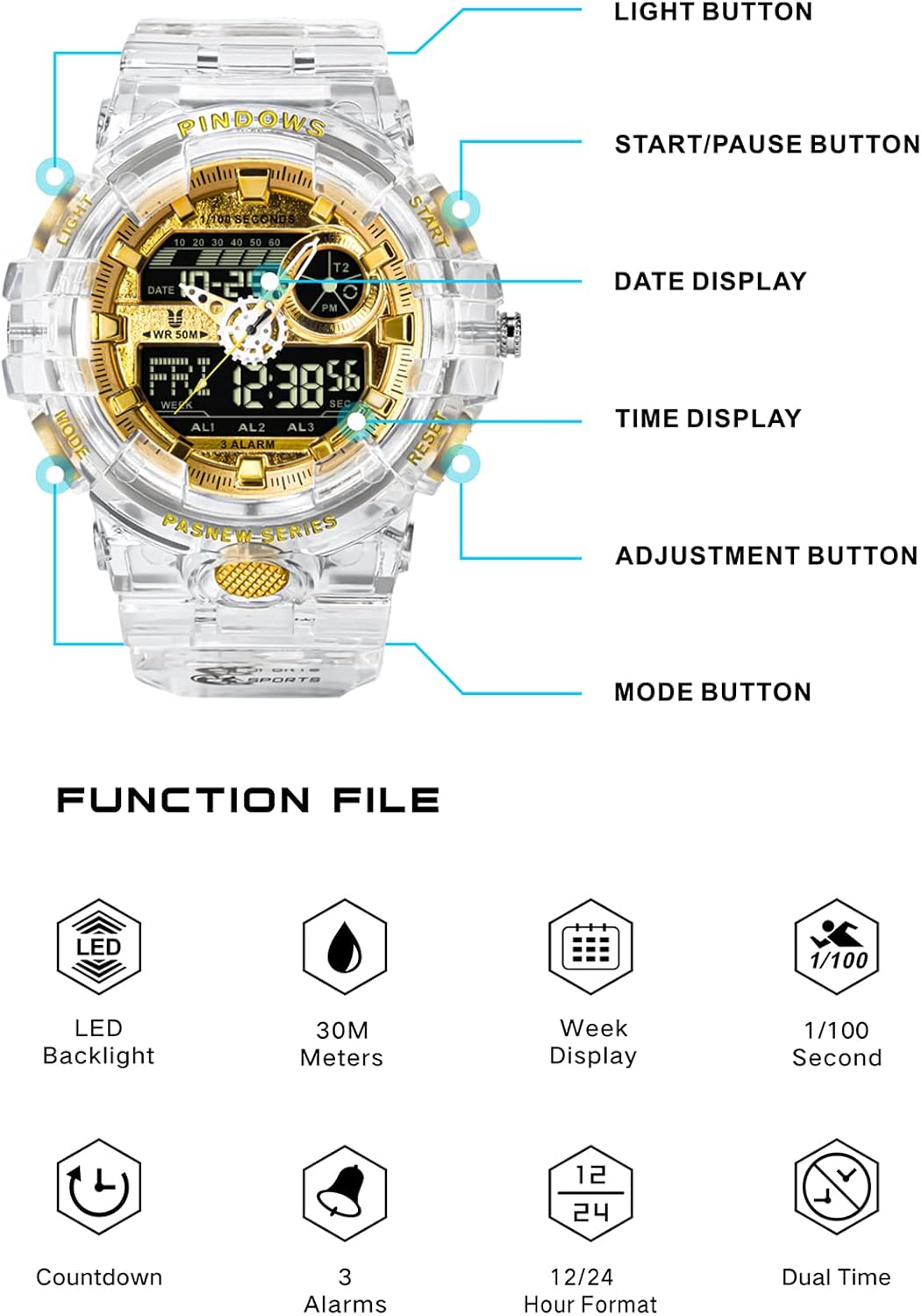 HOTWatch for Men Watch Men Digital Sports Watch Large Digital Analog Dual Display Waterproof Watches with 3 Alarms Countdown Stopwatch Date Dual-Time LED Light Multifunctional Military Wrist Watches