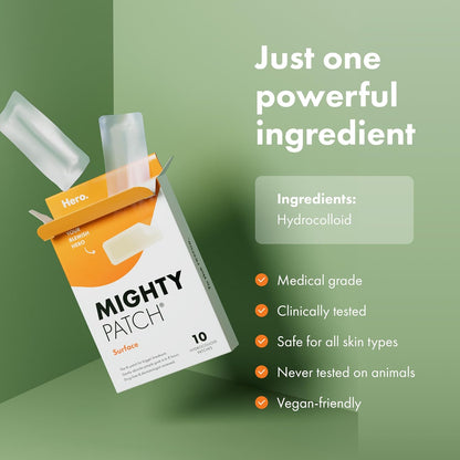 HOTHero Cosmetics Mighty Patch Surface Large Acne Pimple Patches, 10 Ct | Multi-Blemish Acne Spot Patch; For Cheek, Forehead, and Chin; Hydrocolloid Covers; Pimple Stickers; Vegan-friendly