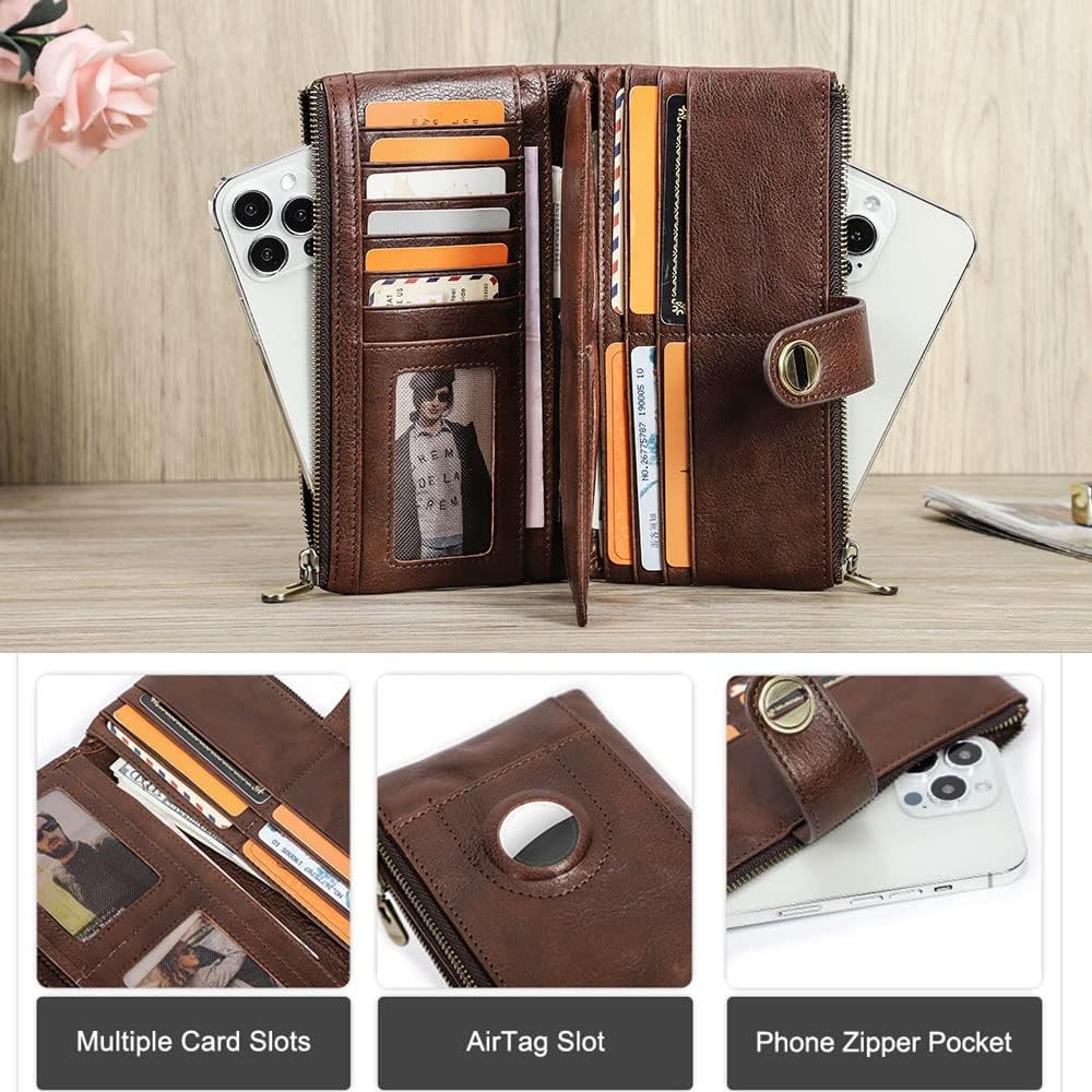 HOTCONTACTS Full Grain Leather Turnlock Wallet for Women Double Zipper Clutch Purse Compatible with AirTag Phone Organizer Rfid Wallet with 18 Card Slots (Brown)