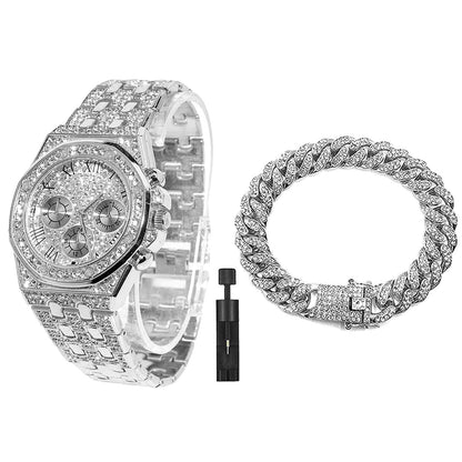 HOTApzzic Diamond Iced Out Watch CZ Gold Plated 40mm Width Roman Numerals Dial Quartz Wristband Watch for Men Women