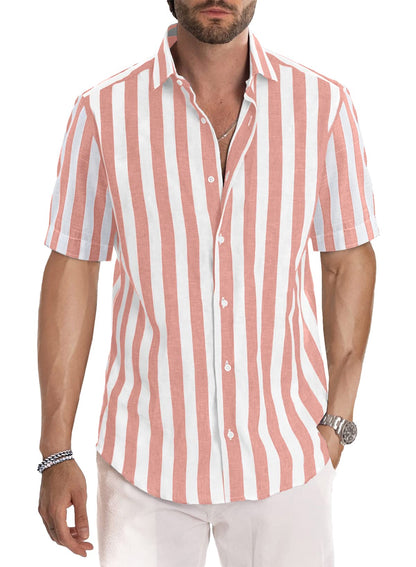 HOTJMIERR Men's Casual Stylish Short Sleeve Button-Up Striped Dress Shirt Cotton Beach Shirts