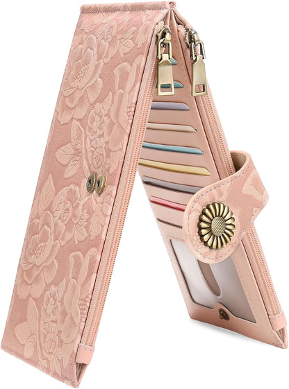 HOTFALAN MULE Slim Wallet for Women RFID Blocking Bifold Leather Card Holder | Vegan Leather RFID Wallet Women Ladies Clutch Purse Multi Card Wallet Case with 2 Zipper Pockets