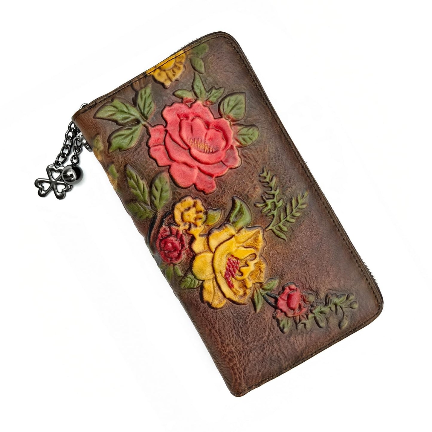 HOTWallet Genuine Leather for Women - with RFID Blocking Card checkbook ID Slot Large Capacity Vintage style (flower brown)