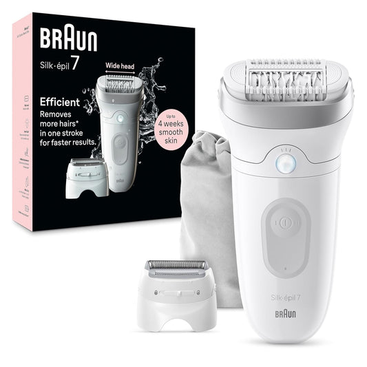 HOTBraun Epilator Silk-épil 7, Hair Removal Device, Women Shaver & Trimmer, Wet and Dry, Wide Head, Includes Shaver Head and Trimmer Comb, SE7-041, Silver