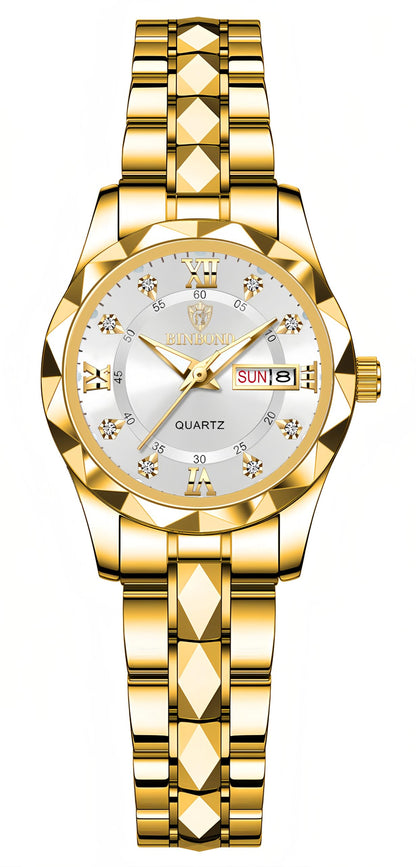 HOTGosasa Luxury Men's and Women's Business Diamond Stainless Steel Waterproof Roman Numeral Analog Quartz Watch with Day-Date Calendar, Gold and Silver Tone