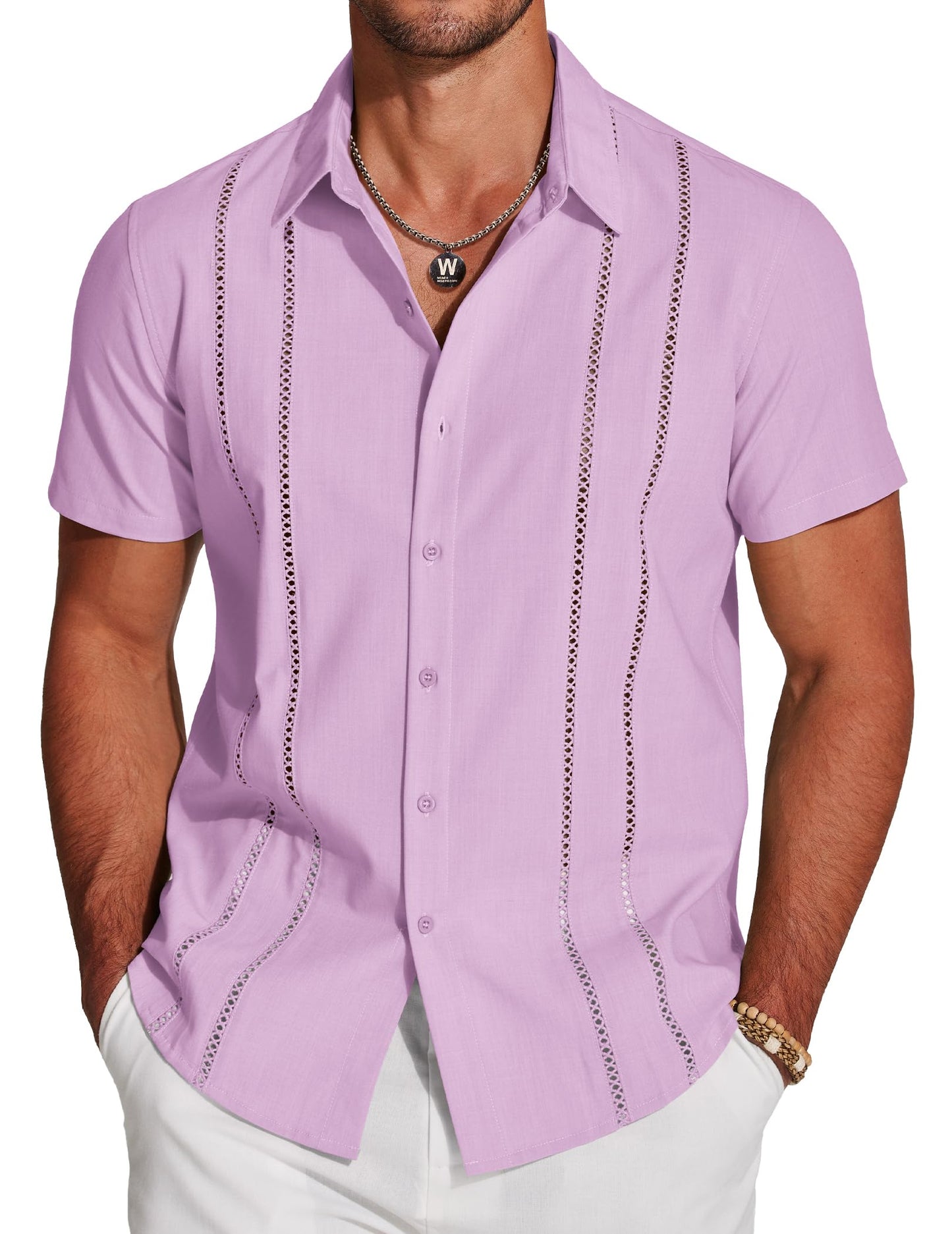 HOTCOOFANDY Men's Cuban Guayabera Shirt Short Sleeve Button Down Shirts Casual Summer Beach Linen Shirts