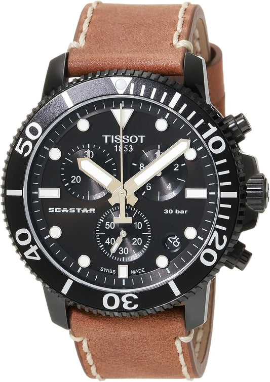HOTTissot Mens Seastar 1000 Chronograph 316L Stainless Steel case with Black PVD Coating Quartz Watch, Beige, Leather, 22 (T1204173605100)