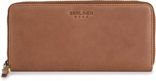 HOTBERLINER BAGS Genuine Leather Zip Wallet Women Palma, Gift Box – Brown | Soft Leather Zip Around Wallet, 14 Card Slots, 1 ID Window, 2 Bill Compartments, Zippered Coin Pocket, RFID Blocking