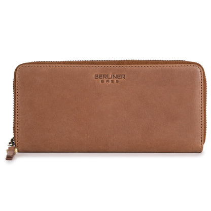 HOTBERLINER BAGS Genuine Leather Zip Wallet Women Palma, Gift Box – Brown | Soft Leather Zip Around Wallet, 14 Card Slots, 1 ID Window, 2 Bill Compartments, Zippered Coin Pocket, RFID Blocking