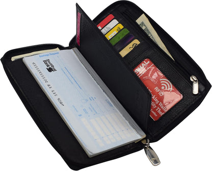 HOTMARSHAL Genuine Leather Checkbook Cover Zippered (RFID Black)