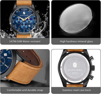 HOTSAPPHERO Men's Watches Stainless Steel Chronograph Waterproof Quartz-Business Casual Dress Watch for Men Luminous Date Gold/Silver/Black Design-Easy-to-Read Luxury Dial-Leather Unique Elegant Gift