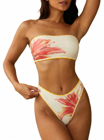 HOTZAFUL Women Strapless Bandeau Bikini 2 Piece Swimwear Lace up Bathing Suits | Strapless Textured Bikini Set Cheeky Solid Bandeau Bathing Suits