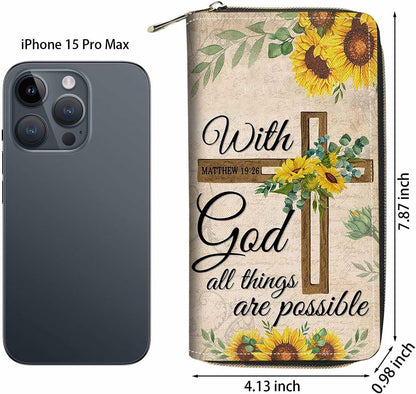HOTChristian Cross Quote Bible Verse Matthew 19:26 Print Wallet for Women Large Capacity Wallet Credit Card Holder PU Leather Zipper Clutch Purse Phone Wallet