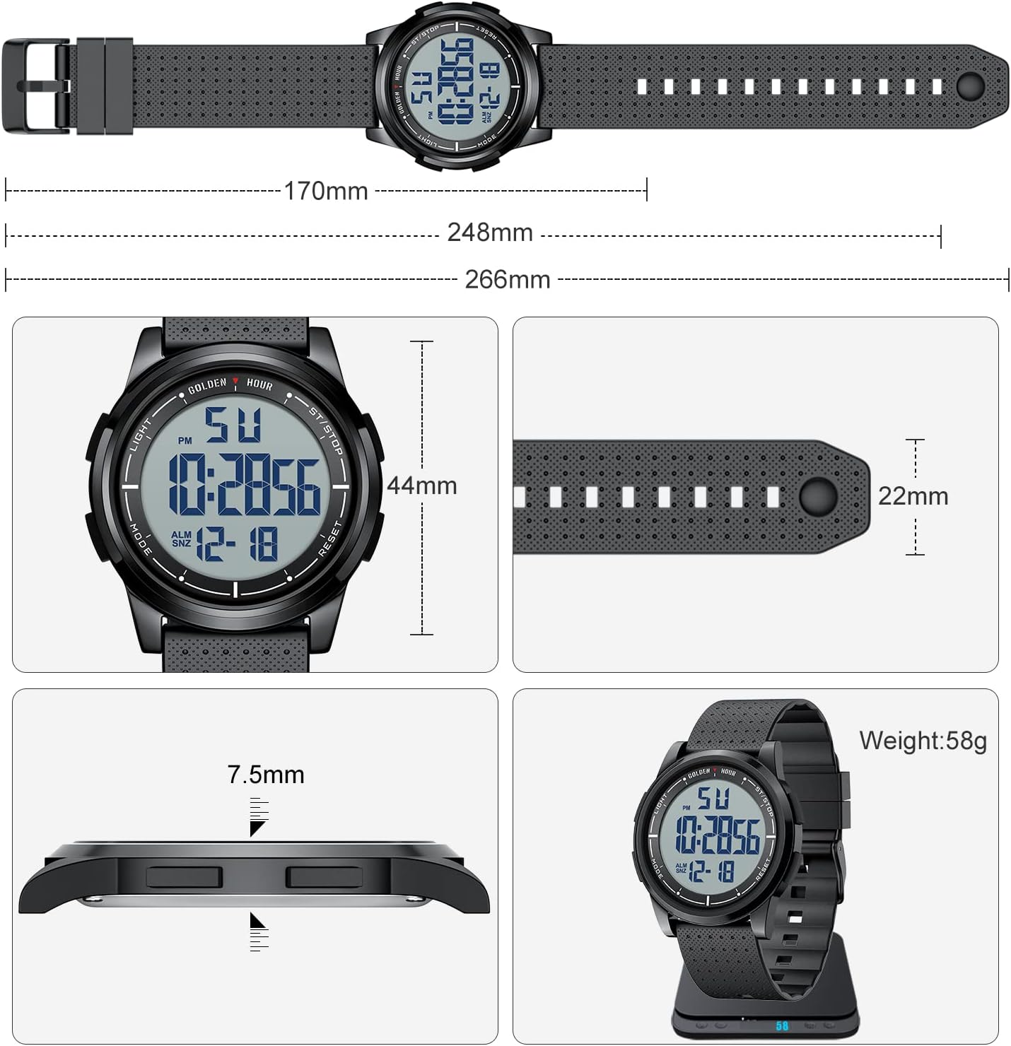 HOTGOLDEN HOUR Ultra-Thin Minimalist Sports Waterproof Digital Watches Men with Wide-Angle Display Rubber Strap Wrist Watch for Men Women