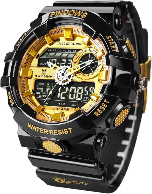 HOTPINDOWS Watches for Men, Transparent Gold Analog Digital Dual Time 50M Waterproof, LED Backlight Multifunctional with Alarms, Stopwatch, Ideal for Sports, Outdoor Activities, and Daily Wear