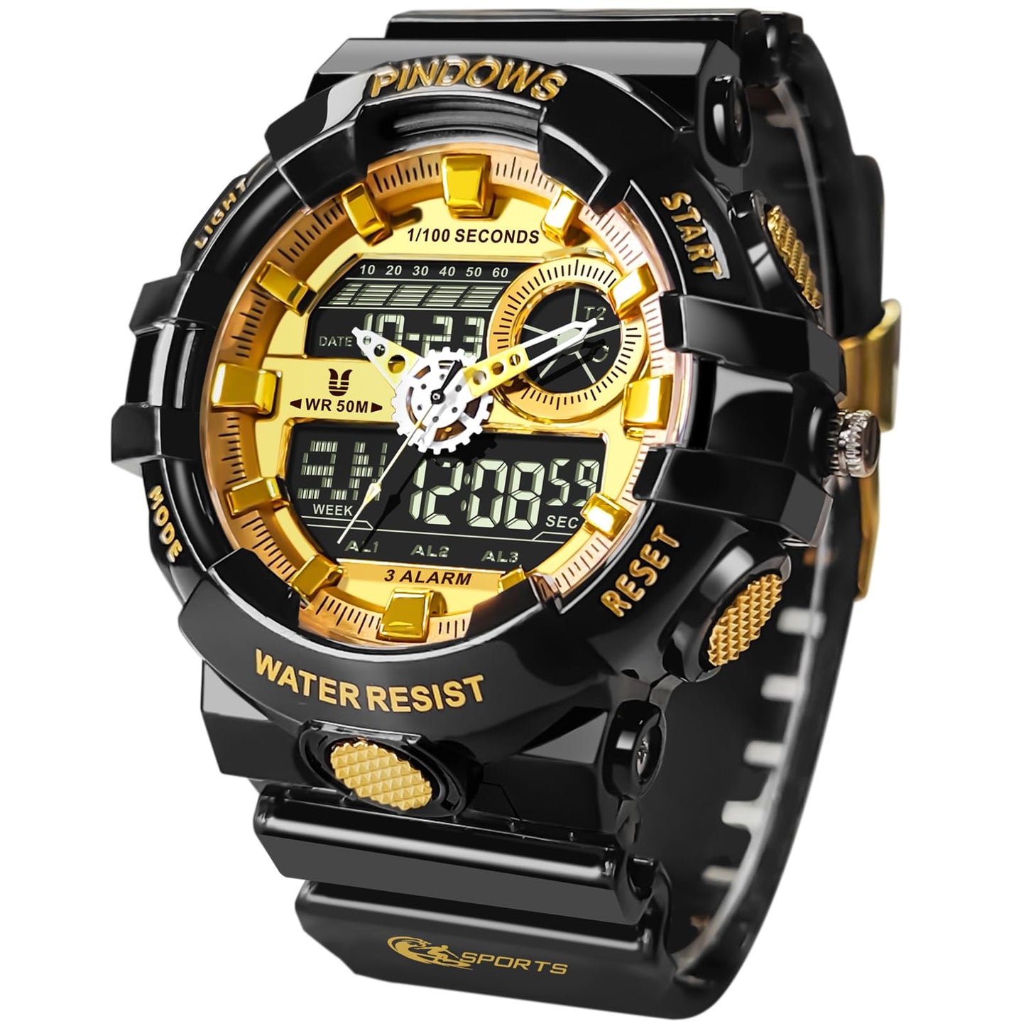 HOTPINDOWS Watches for Men, Transparent Gold Analog Digital Dual Time 50M Waterproof, LED Backlight Multifunctional with Alarms, Stopwatch, Ideal for Sports, Outdoor Activities, and Daily Wear