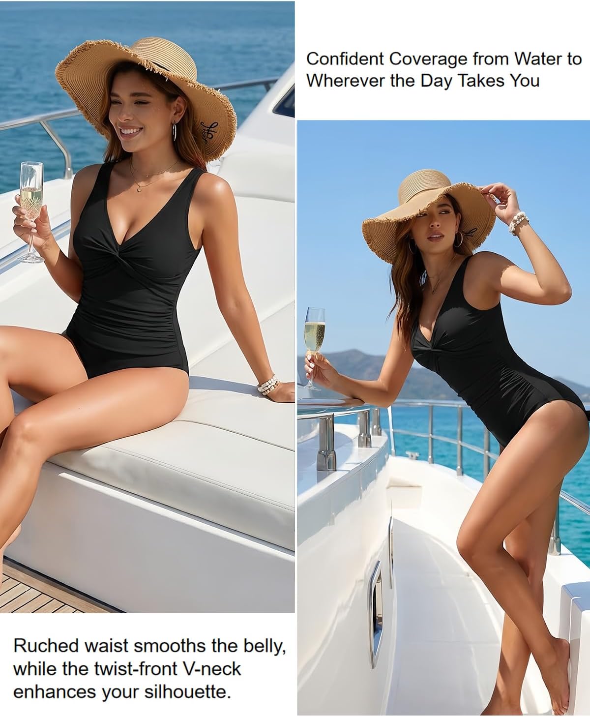 HOTWomen's Tummy Control One Piece Swimsuit Push Up Full Coverage Bathing Suit | V-Neck Twist Front, Low-Back Design, Adjustable Straps, Removable Pads, Full Coverage, Long-Torso Fit, Beach and Pool Days