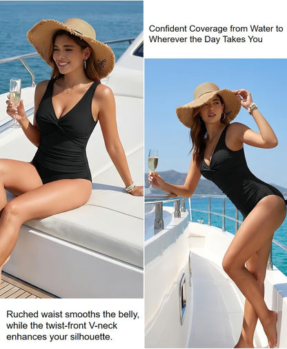 HOTWomen's Tummy Control One Piece Swimsuit Push Up Full Coverage Bathing Suit | V-Neck Twist Front, Low-Back Design, Adjustable Straps, Removable Pads, Full Coverage, Long-Torso Fit, Beach and Pool Days