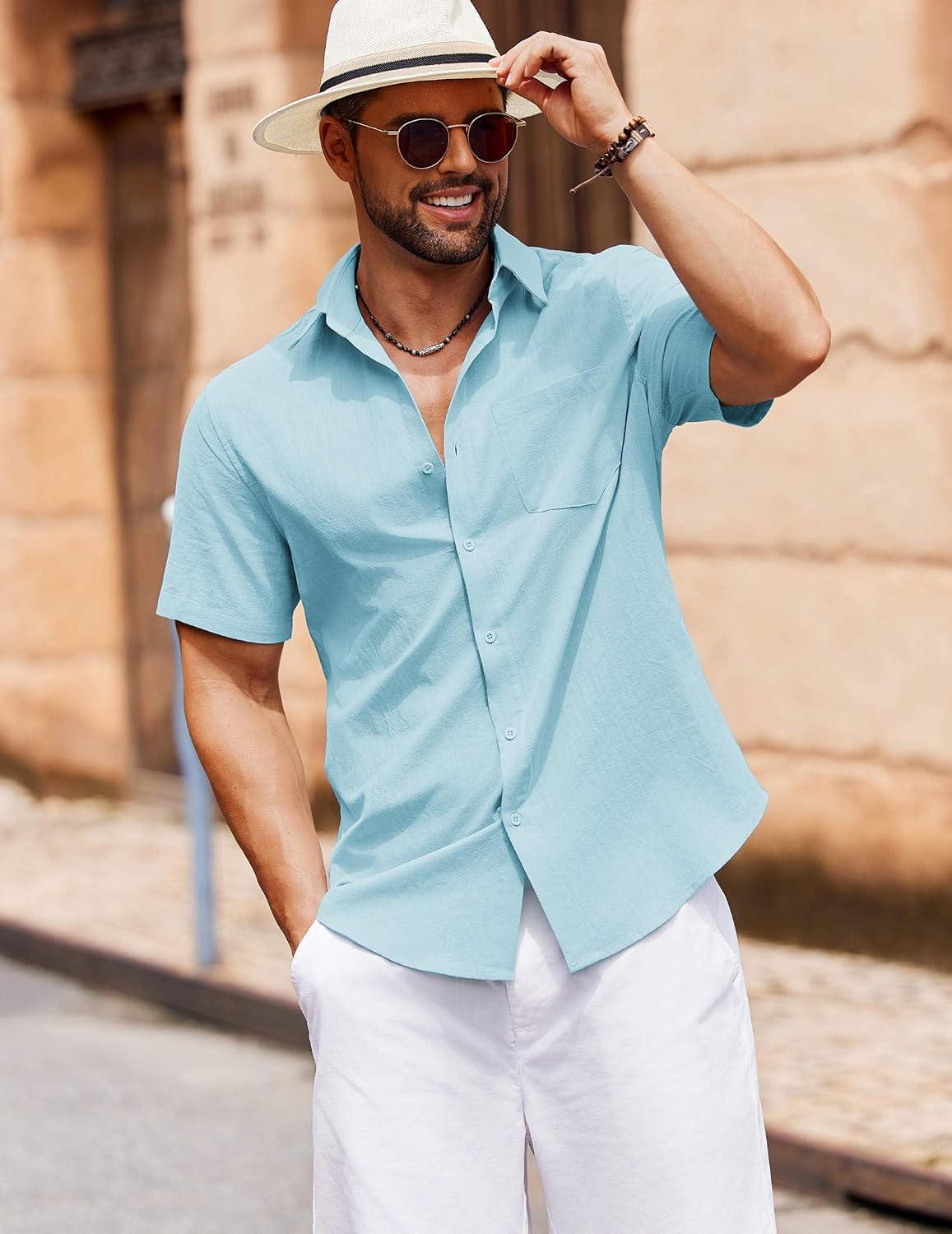 HOTCOOFANDY Men's Button Down Short Sleeve Shirt Casual Cotton Summer Beach Linen Wedding Shirts with Pocket