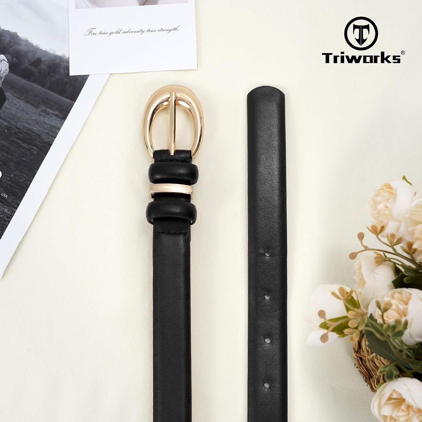 HOTTRIWORKS Women Leather Belt for Jeans Pants Fashion Ladies Skinny Faux Leather Dress belt with Gold Buckle