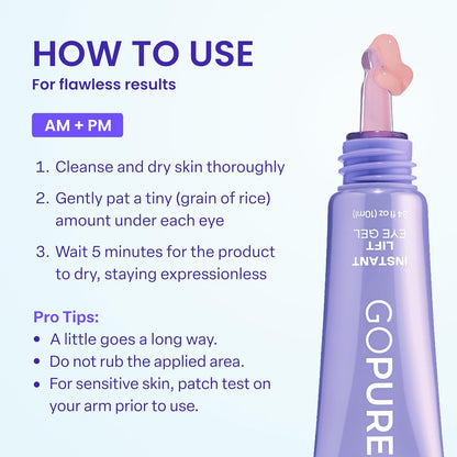 HOTgoPure NEW Instant Lift Eye Gel - For the look of Puffiness & Bags, Wrinkles, Fine Lines and Dark Circles, Anti Aging Skin Care for Men & Women with MaxLift3 Biotech Under Eye Brightener