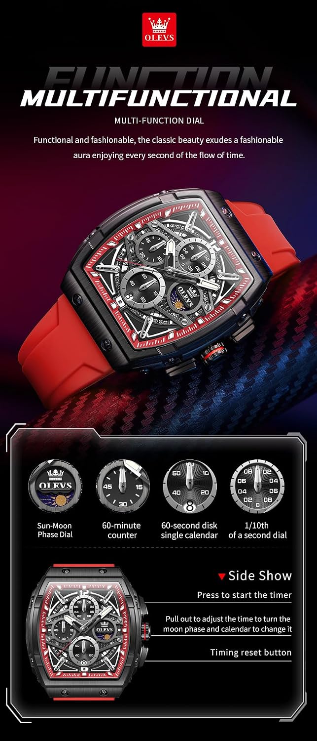 HOTOLEVS Men Watches Business Dress Chronograph Big Square Quartz Analog Male Watch Silicone Strap Waterproof Date Gift Mens Wrsit Watch Silver