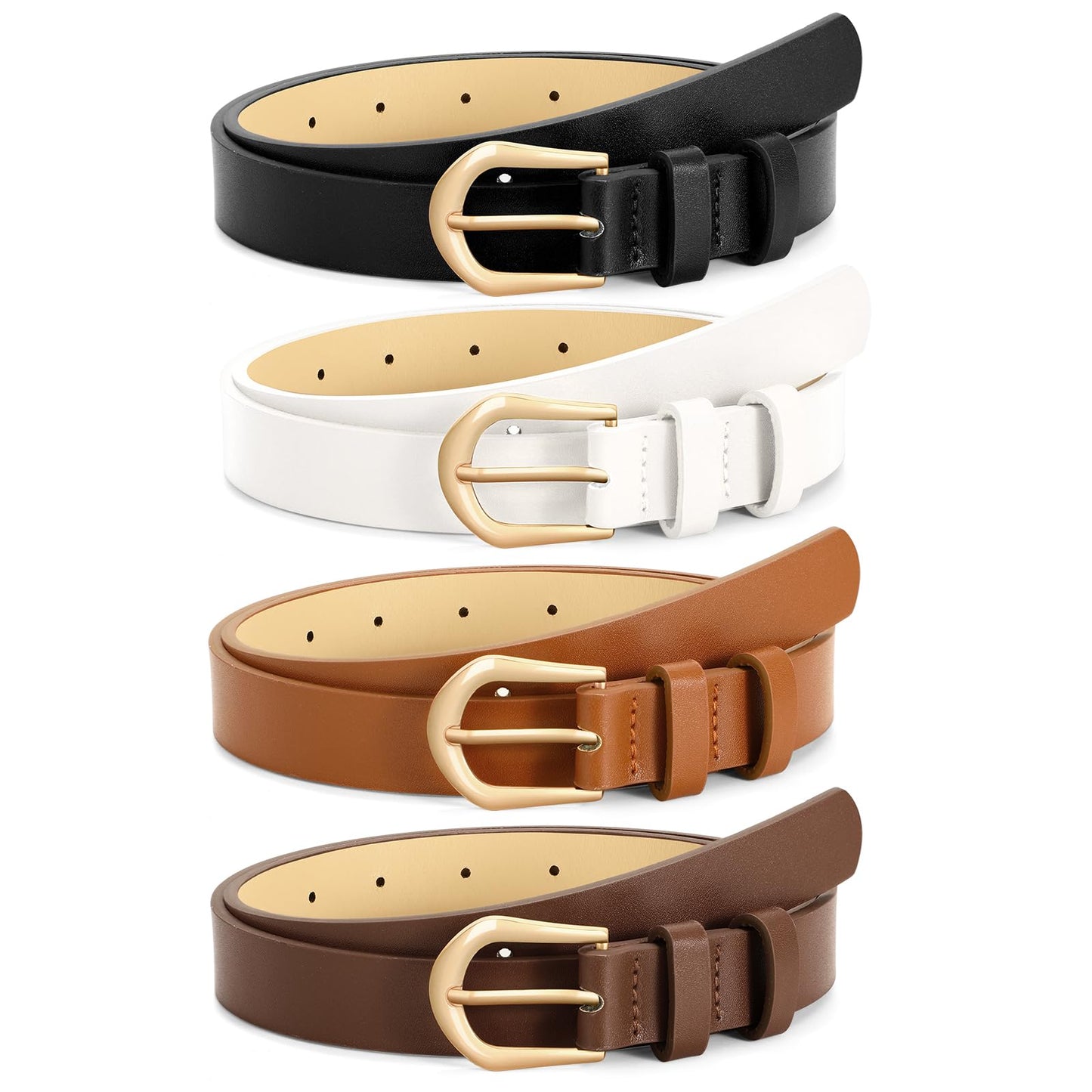HOTVONMELLI 4 Pack Womens Thin Leather Belt Skinny Waist Belts for Women Fashion Jeans Dress with Gold Buckle