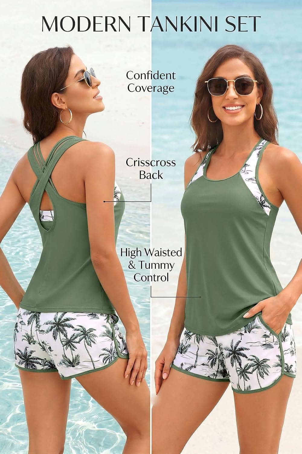 HOTWomen's 3 Piece Tankini Swimsuit Tummy Control with Bra Pocket Boy Shorts | Modest Bathing Suit, Athletic Style, Strappy-Back Support, High-Waist Fit, Built-In Brief, Side Pockets, Beach Swim Days