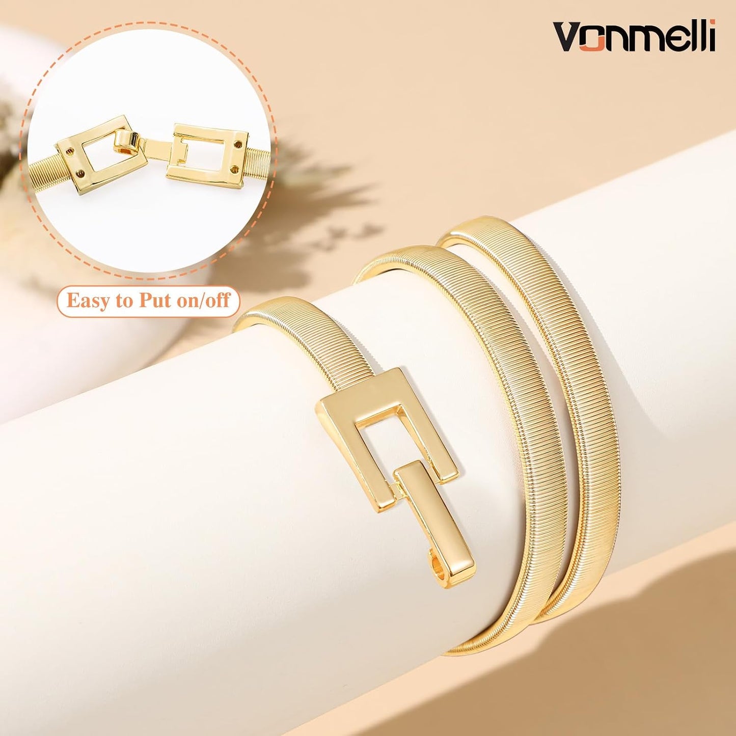 HOTVONMELLI Women's Skinny Metal Cinch Belt for Dress Stretch Thin Waist Belt Gold/Sliver Elastic Belts