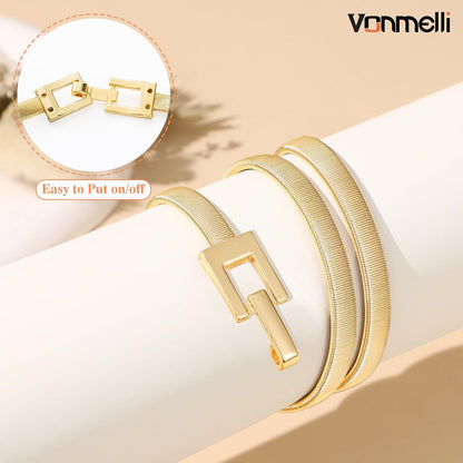 HOTVONMELLI Women's Skinny Metal Cinch Belt for Dress Stretch Thin Waist Belt Gold/Sliver Elastic Belts
