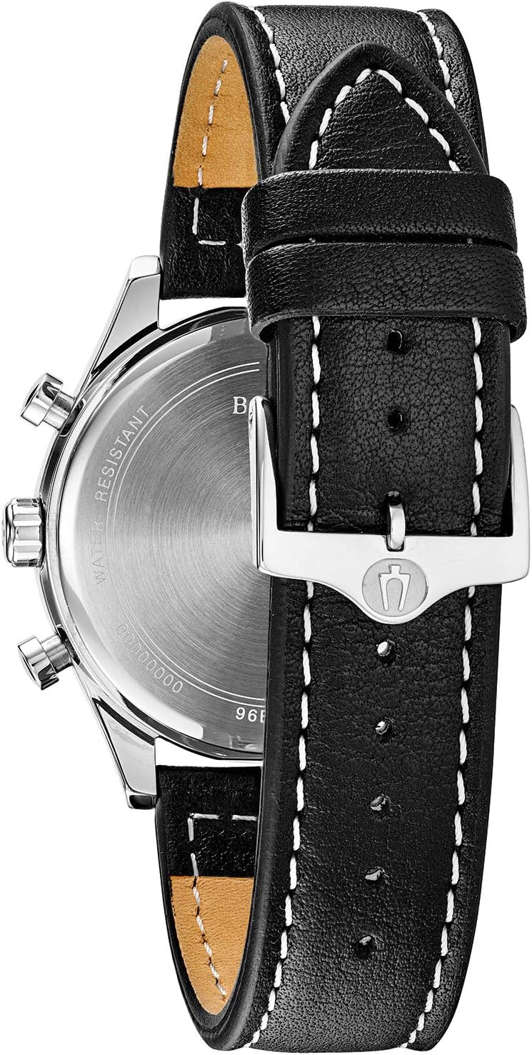 HOTBulova Men's Classic Stainless Steel 6-Hand Chronograph Quartz Leather Strap Watch with Grey Dial, Gold Accents, Arabic Markers, 41mm