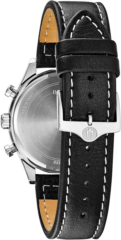 HOTBulova Men's Classic Stainless Steel 6-Hand Chronograph Quartz Leather Strap Watch with Grey Dial, Gold Accents, Arabic Markers, 41mm