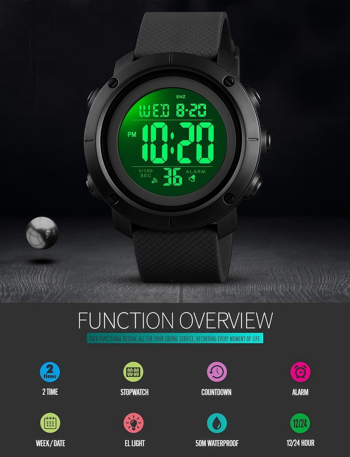 HOTOLAZONE Men Digital Watch Sports Waterproof Military Back Light Small Watch for Men Black