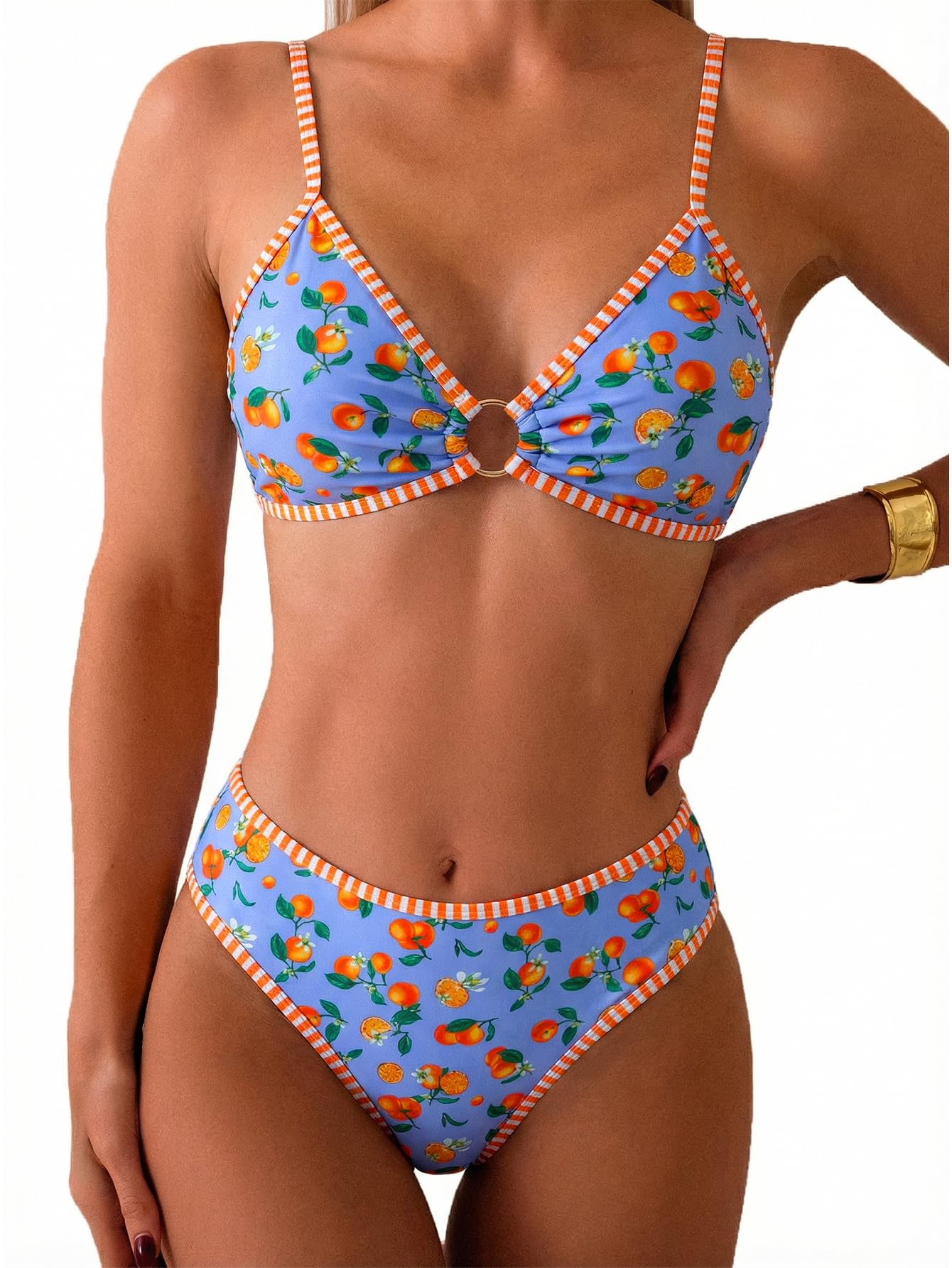HOTTainehs Women's Two Piece Bikini Sets O Ring Front Top Ditsy Floral Triangle Swimsuits Cheeky Bathing Suit