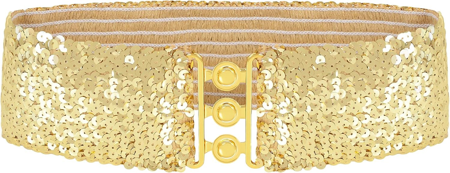HOTAnna-Kaci Women's Sparkly Glitter Sequin Wide Stretch Elastic Belt Accessory