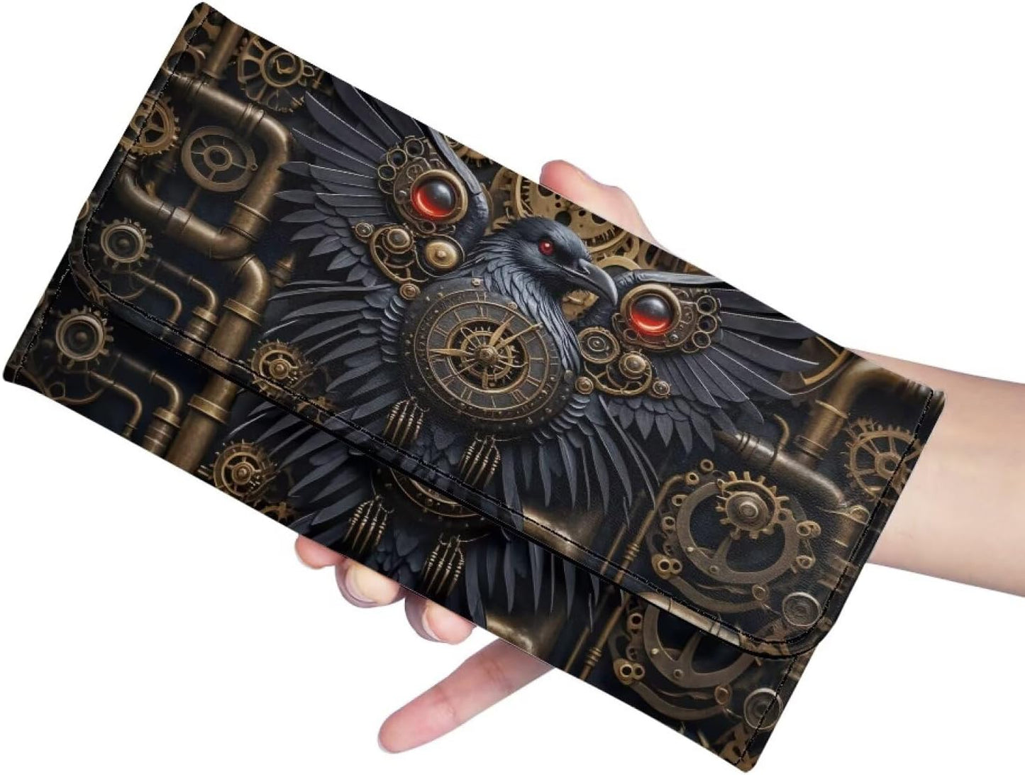 HOTBlack Raven PU Leather Wallet for Women Retro Victorian Steampunk Art Leather Card Holder Large Capacity, Mechanical Gears Crow Ladies Long Purse with ID Window