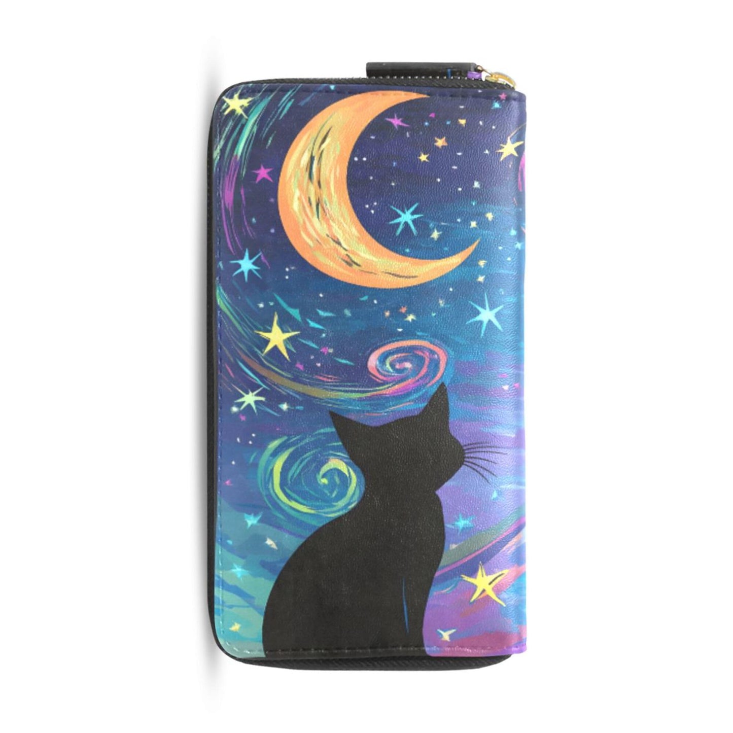 HOTMNSRUU Womens Wallet Purses, Cat Black Clutch Purses for Women RFID Blocking Credit Card Holder Wallet Leather Zipper Coin Purse